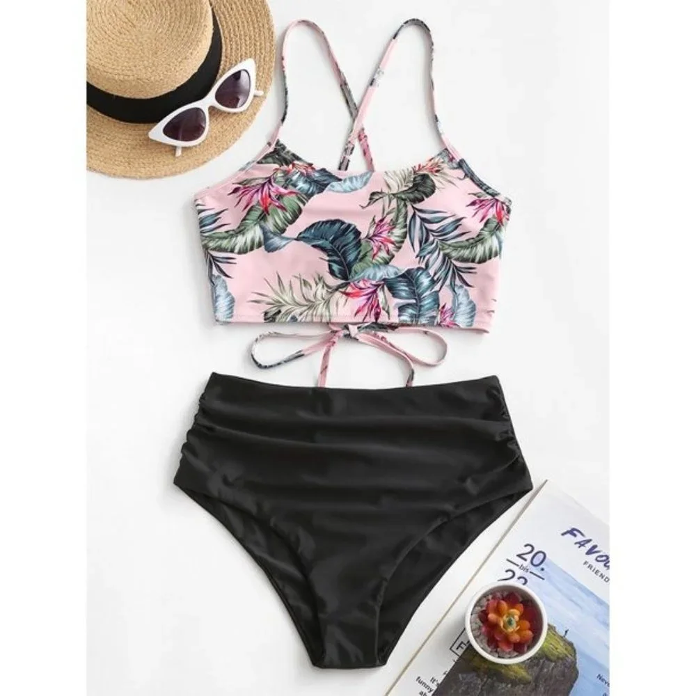 ZAFUL Vacation Leaf Print Lace-up Ruched Swimsuit 🌿🌿 NEW WITH TAGS!